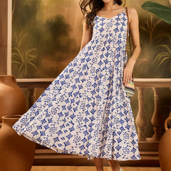 Stylum Women's Blue Printed Cotton Flared Dress (DRSBLUEMYLO)