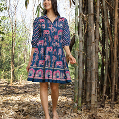 Stylum Women's Blue Ethnic Printed Cotton Flared Dress (DRSBLUEPORI)