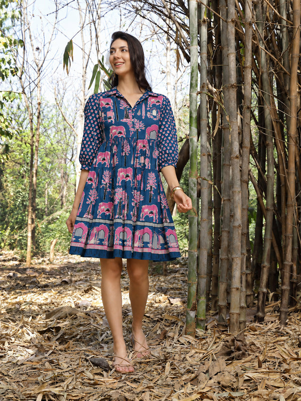 Stylum Women's Blue Ethnic Printed Cotton Flared Dress (DRSBLUEPORI)