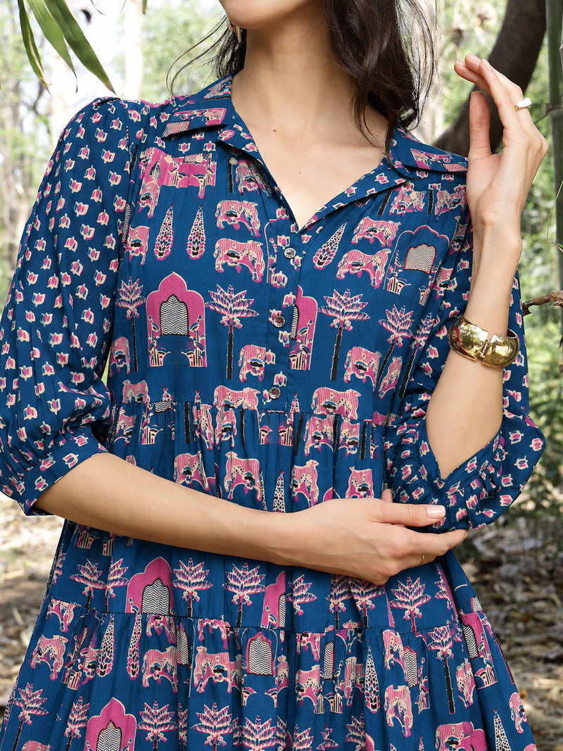 Stylum Women's Blue Ethnic Printed Cotton Flared Dress (DRSBLUEPORI)