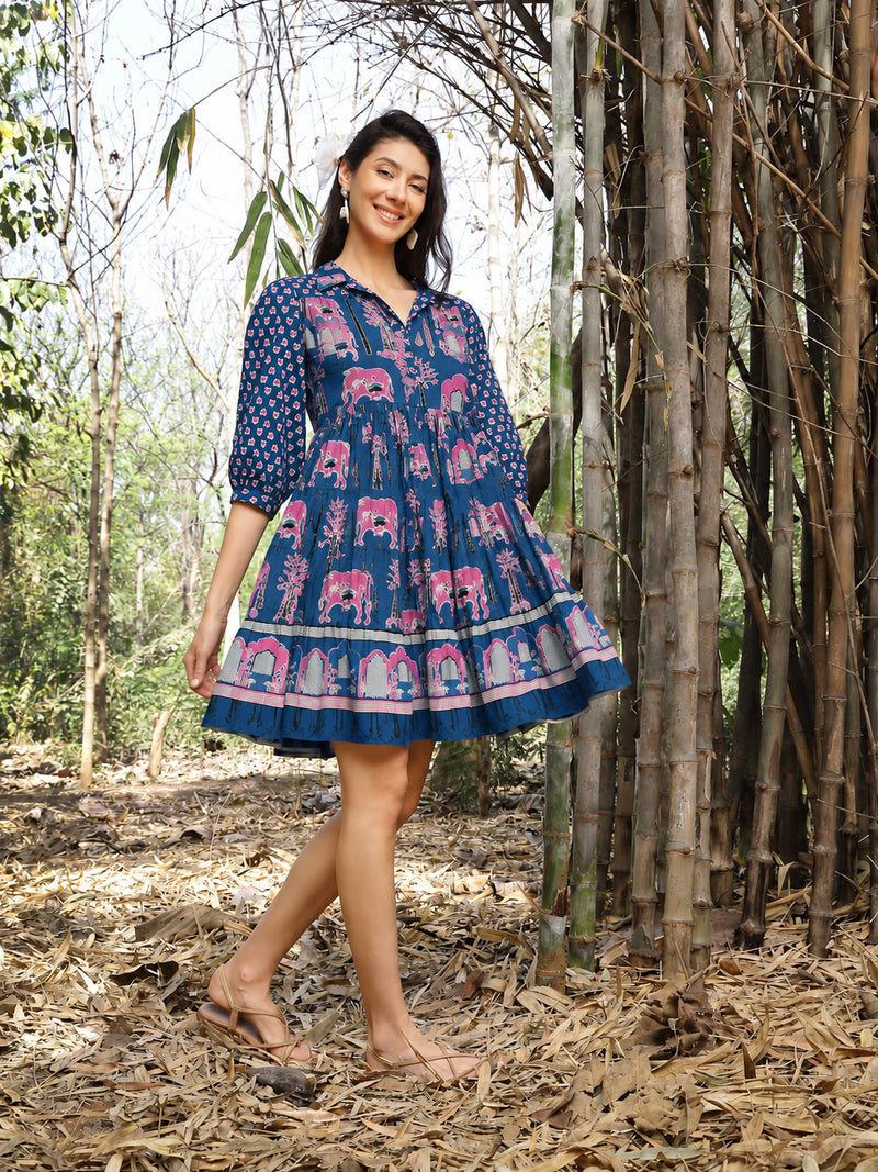 Stylum Women's Blue Ethnic Printed Cotton Flared Dress (DRSBLUEPORI)