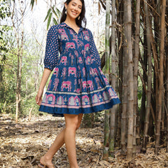 Stylum Women's Blue Ethnic Printed Cotton Flared Dress (DRSBLUEPORI)