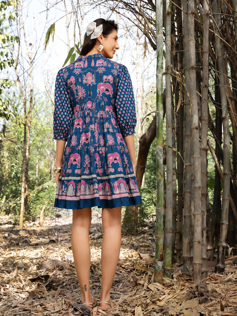 Stylum Women's Blue Ethnic Printed Cotton Flared Dress (DRSBLUEPORI)