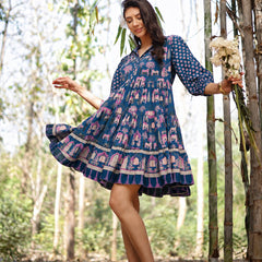 Stylum Women's Blue Ethnic Printed Cotton Flared Dress (DRSBLUEPORI)