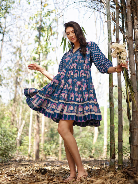 Stylum Women's Blue Ethnic Printed Cotton Flared Dress (DRSBLUEPORI)