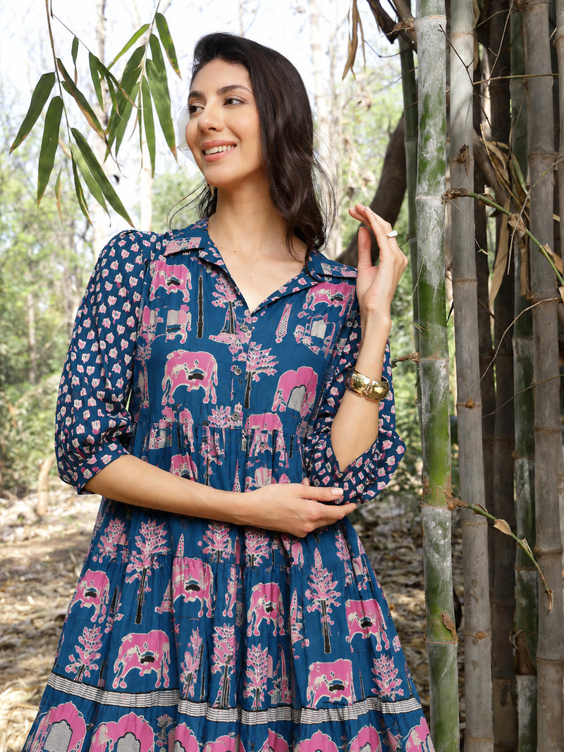 Stylum Women's Blue Ethnic Printed Cotton Flared Dress (DRSBLUEPORI)