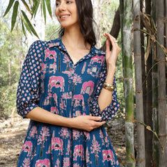 Stylum Women's Blue Ethnic Printed Cotton Flared Dress (DRSBLUEPORI)