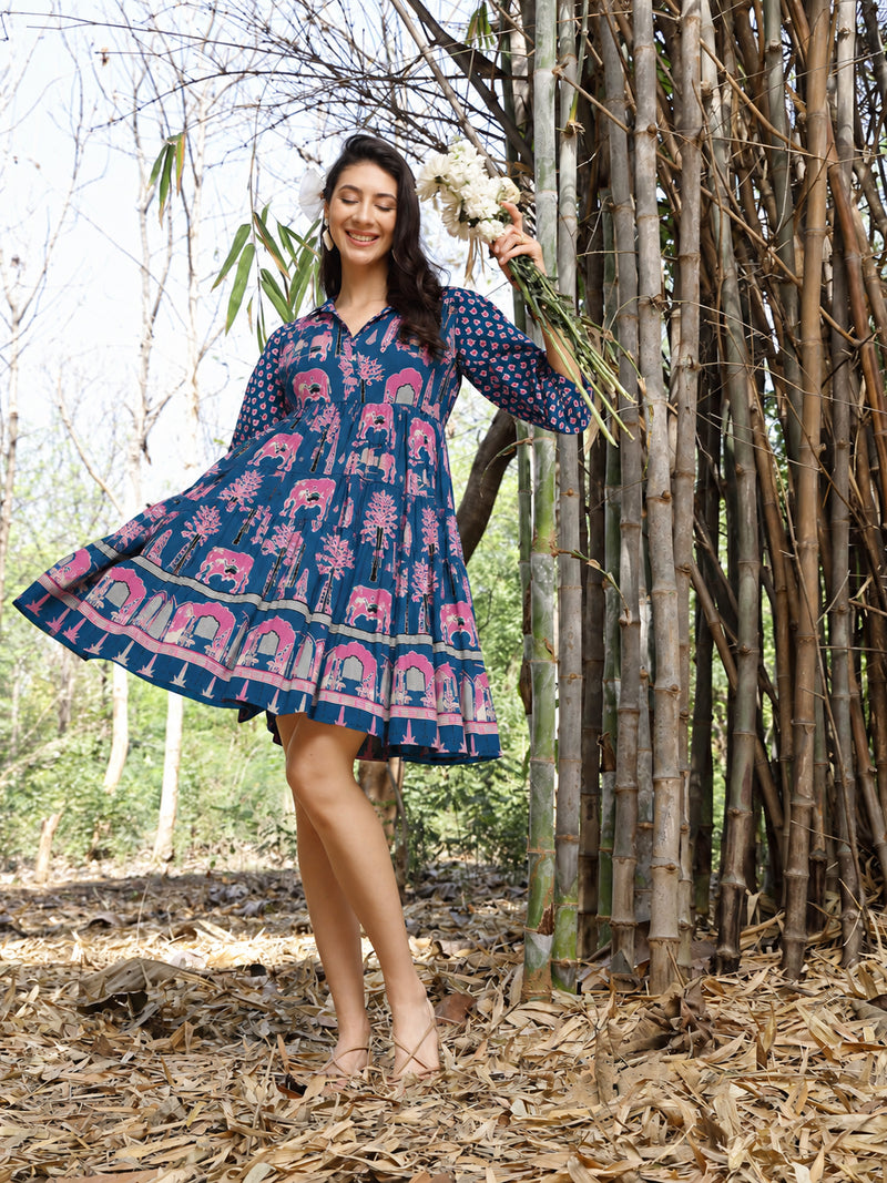 Stylum Women's Blue Ethnic Printed Cotton Flared Dress (DRSBLUEPORI)