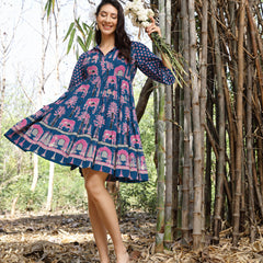 Stylum Women's Blue Ethnic Printed Cotton Flared Dress (DRSBLUEPORI)