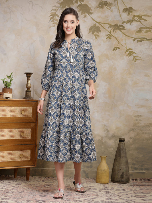 Stylum Women's Ajrakh Printed Cotton Tiered Dress (DRSBLUEPOTTERY)