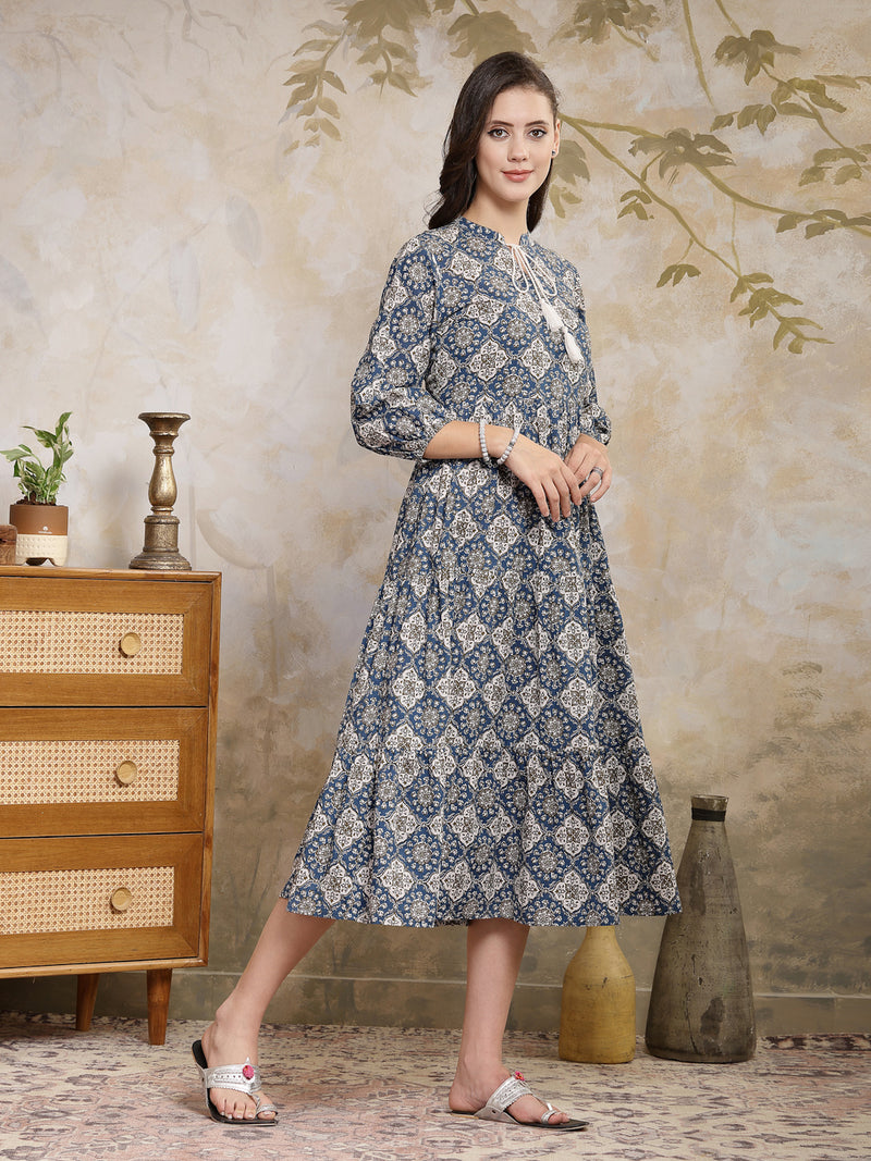 Stylum Women's Ajrakh Printed Cotton Tiered Dress (DRSBLUEPOTTERY)