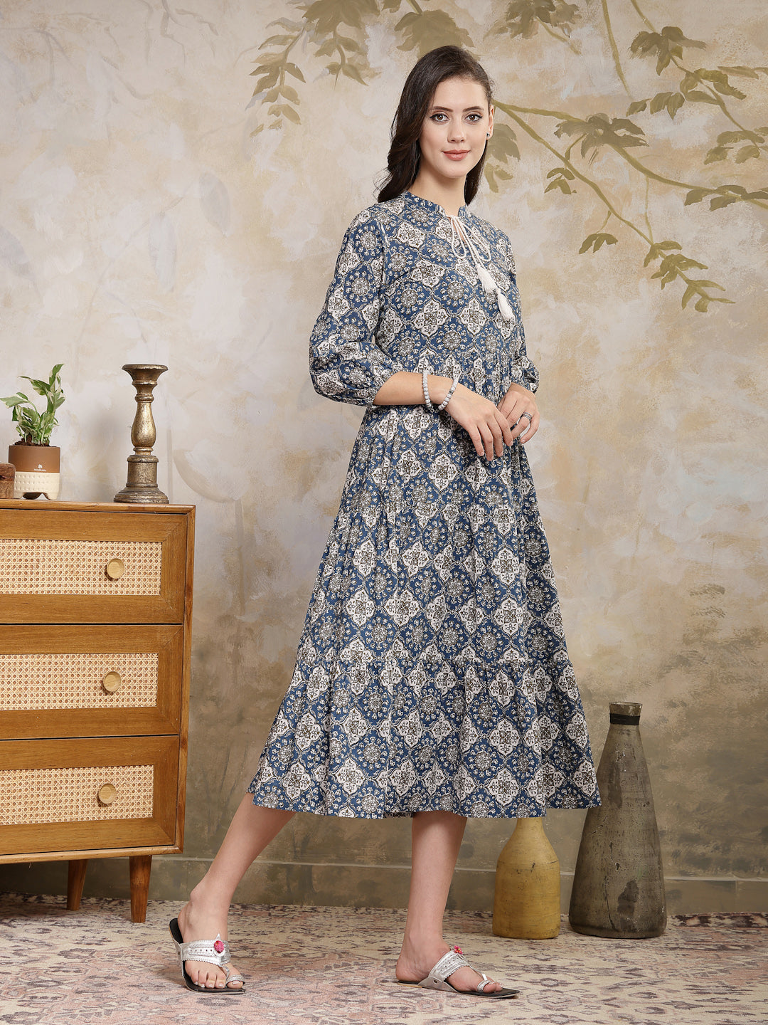 Stylum Women's Ajrakh Printed Cotton Tiered Dress (DRSBLUEPOTTERY)