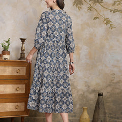 Stylum Women's Ajrakh Printed Cotton Tiered Dress (DRSBLUEPOTTERY)