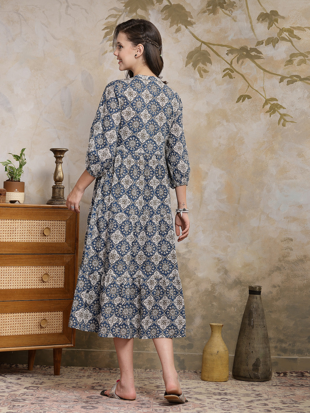 Stylum Women's Ajrakh Printed Cotton Tiered Dress (DRSBLUEPOTTERY)