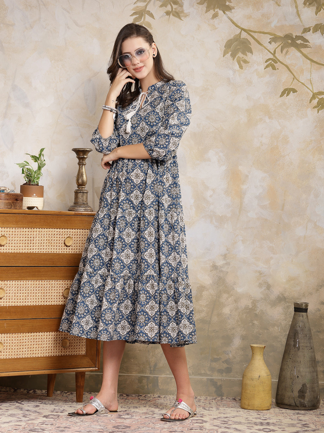 Stylum Women's Ajrakh Printed Cotton Tiered Dress (DRSBLUEPOTTERY)