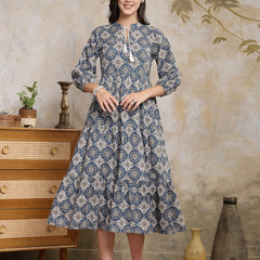 Stylum Women's Ajrakh Printed Cotton Tiered Dress (DRSBLUEPOTTERY)