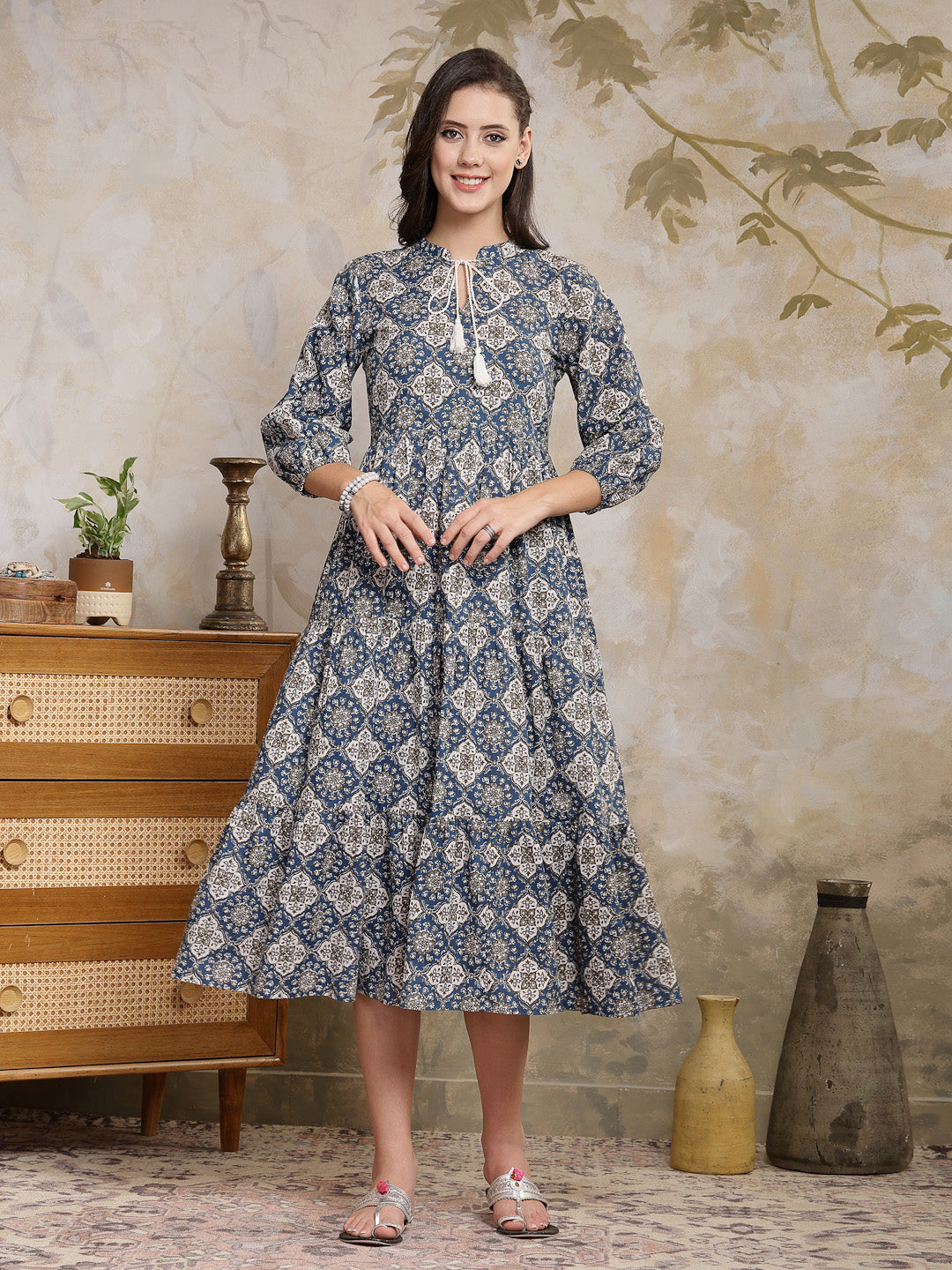 Stylum Women's Ajrakh Printed Cotton Tiered Dress (DRSBLUEPOTTERY)