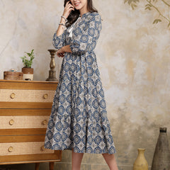 Stylum Women's Ajrakh Printed Cotton Tiered Dress (DRSBLUEPOTTERY)