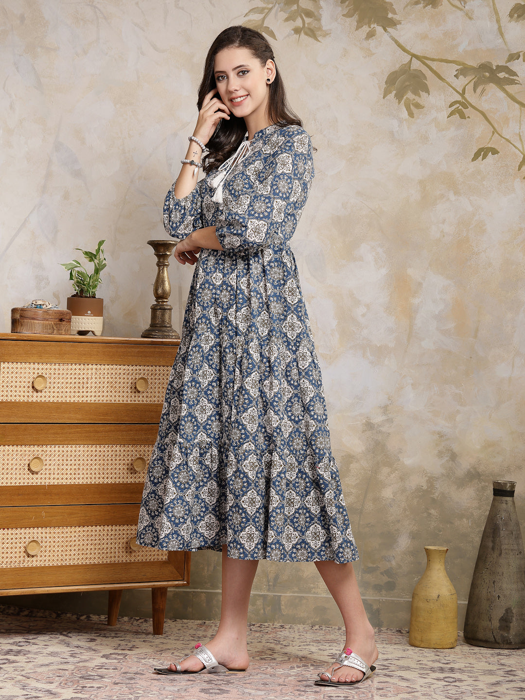 Stylum Women's Ajrakh Printed Cotton Tiered Dress (DRSBLUEPOTTERY)