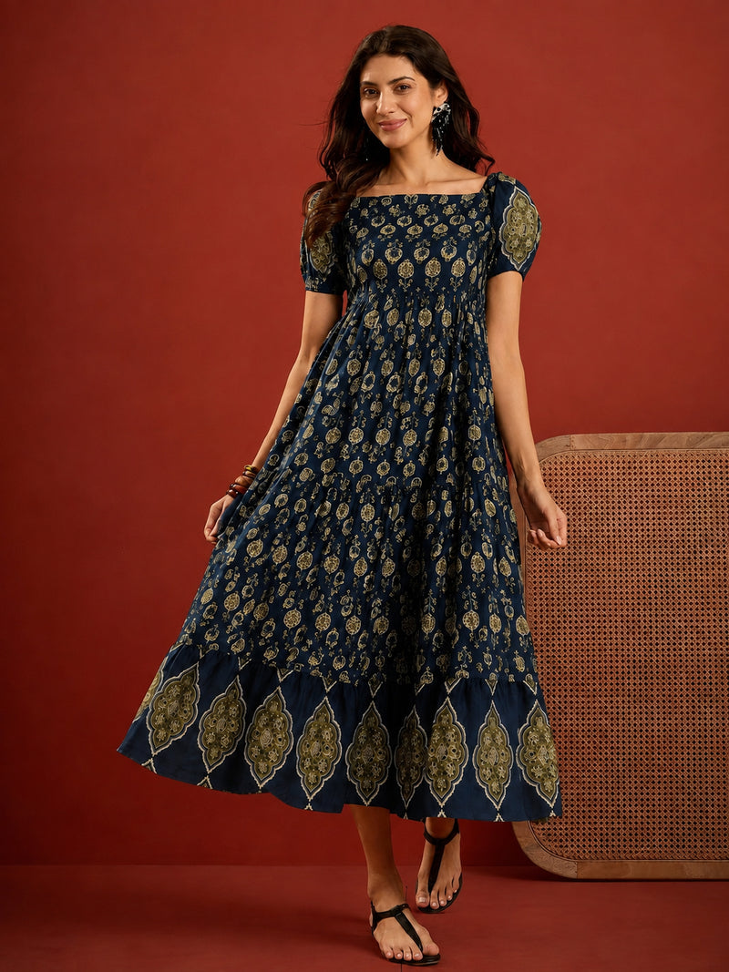 Stylum Women's Blue Ethnic Motif Printed Cotton Empire Dress (DRSBLUERAKHI)