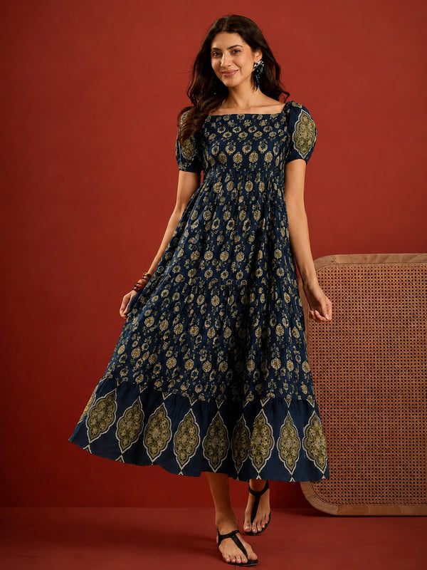 Stylum Women's Blue Ethnic Motif Printed Cotton Empire Dress (DRSBLUERAKHI)