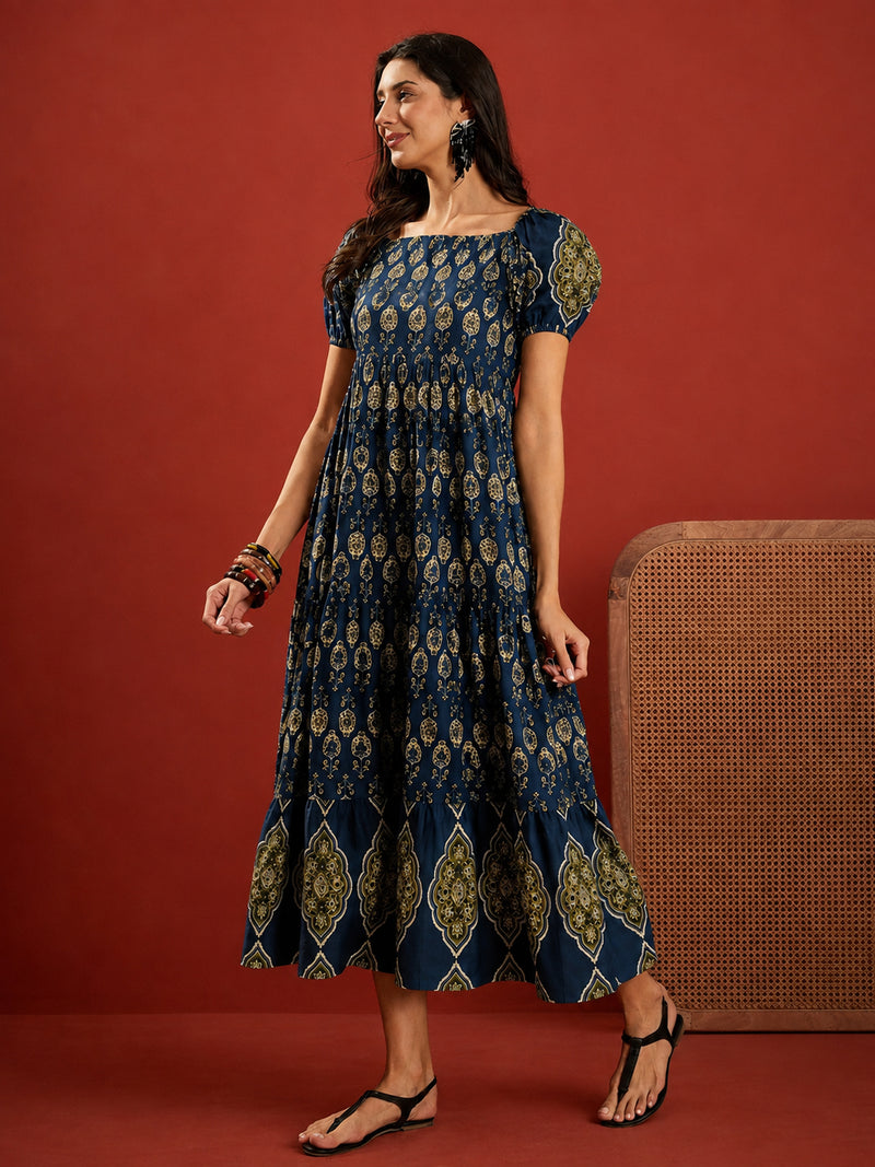 Stylum Women's Blue Ethnic Motif Printed Cotton Empire Dress (DRSBLUERAKHI)