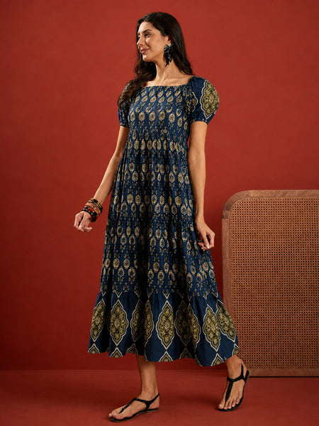 Stylum Women's Blue Ethnic Motif Printed Cotton Empire Dress (DRSBLUERAKHI)
