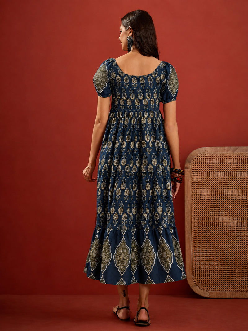Stylum Women's Blue Ethnic Motif Printed Cotton Empire Dress (DRSBLUERAKHI)
