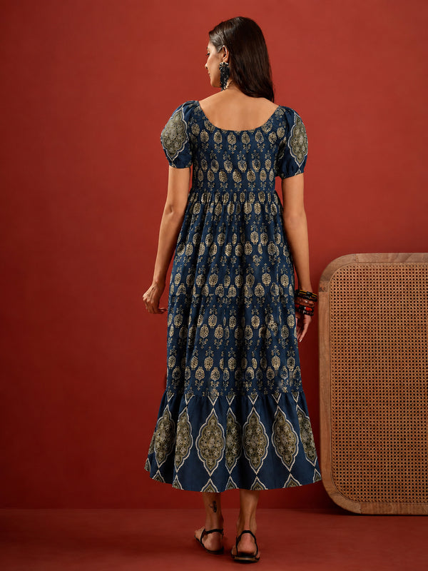Stylum Women's Blue Ethnic Motif Printed Cotton Empire Dress (DRSBLUERAKHI)