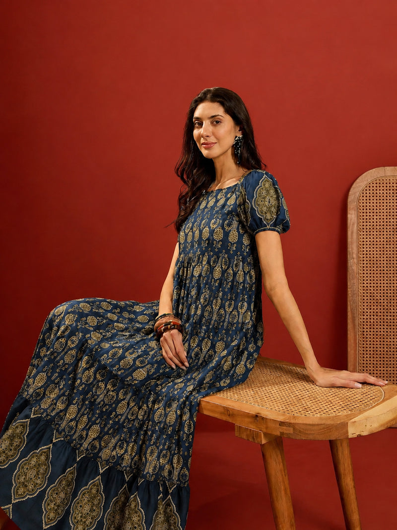 Stylum Women's Blue Ethnic Motif Printed Cotton Empire Dress (DRSBLUERAKHI)