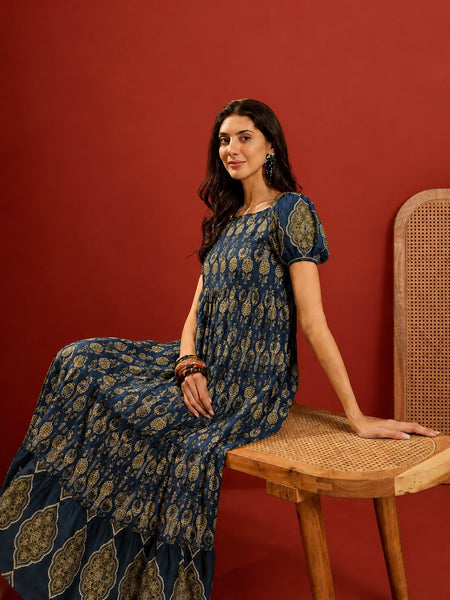 Stylum Women's Blue Ethnic Motif Printed Cotton Empire Dress (DRSBLUERAKHI)