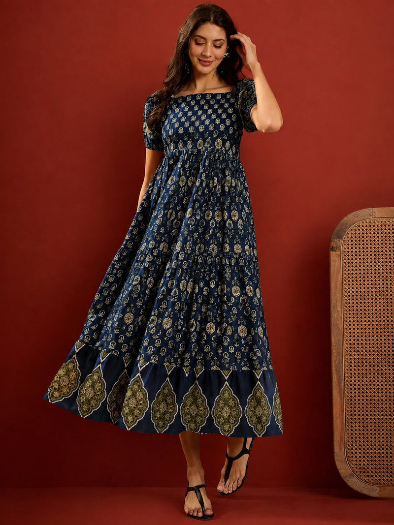 Stylum Women's Blue Ethnic Motif Printed Cotton Empire Dress (DRSBLUERAKHI)