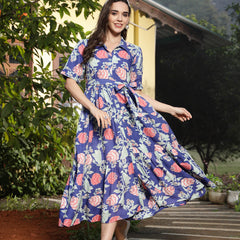 Stylum Women's Blue Floral Printed Rayon Tiered Dress (DRSBLUERENEE)