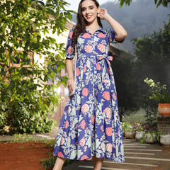 Stylum Women's Blue Floral Printed Rayon Tiered Dress (DRSBLUERENEE)