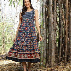 Stylum Women's Blue Ethnic Printed Cotton Tiered Dress (DRSBLUETAMPER)