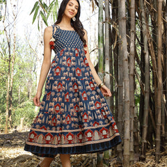 Stylum Women's Blue Ethnic Printed Cotton Tiered Dress (DRSBLUETAMPER)