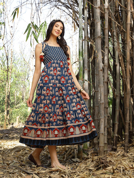 Stylum Women's Blue Ethnic Printed Cotton Tiered Dress (DRSBLUETAMPER)