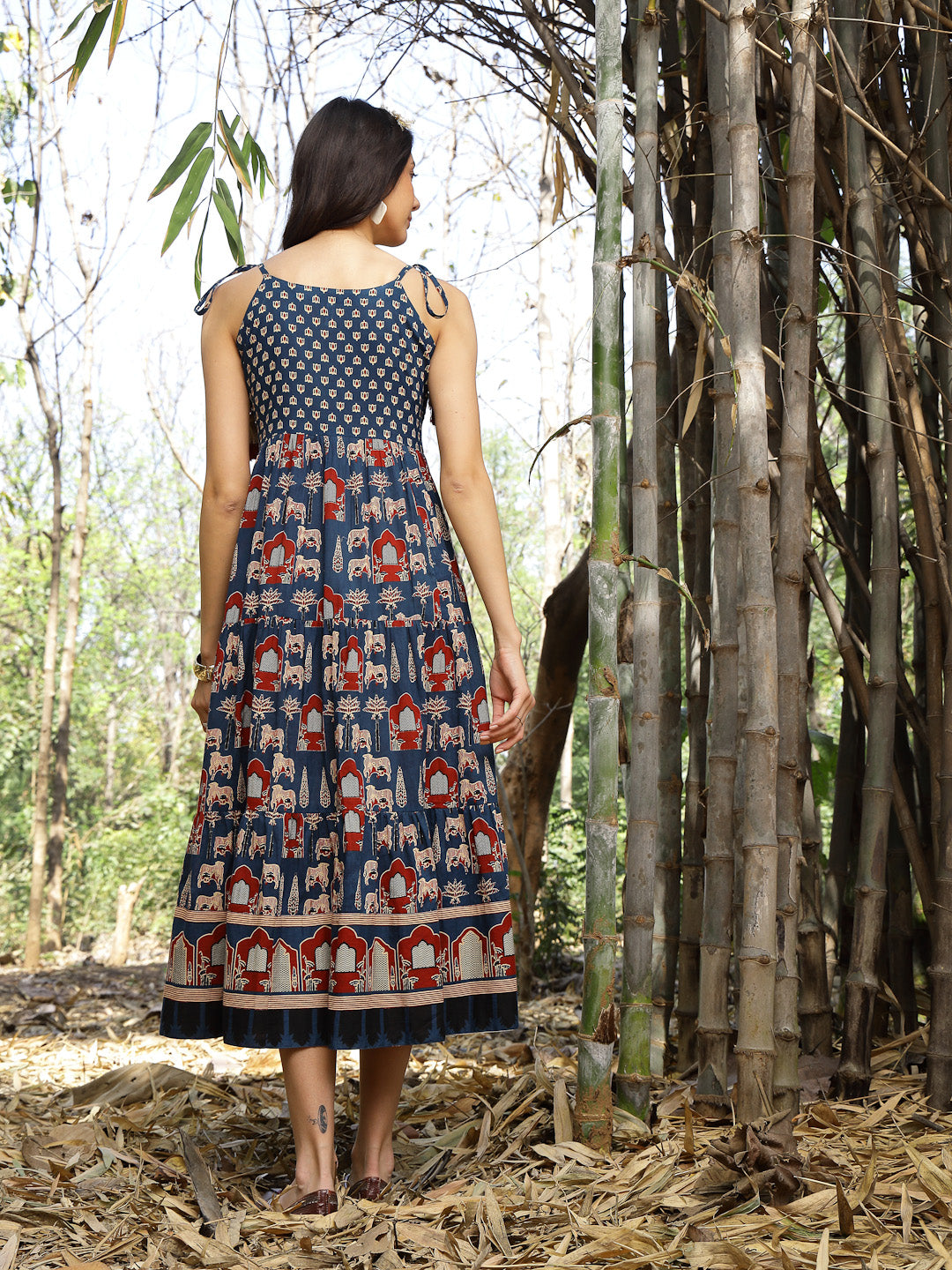 Stylum Women's Blue Ethnic Printed Cotton Tiered Dress (DRSBLUETAMPER)
