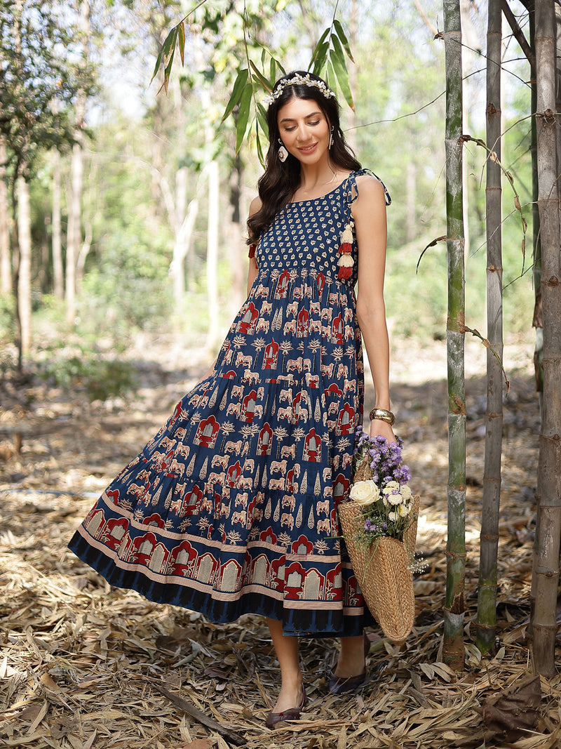 Stylum Women's Blue Ethnic Printed Cotton Tiered Dress (DRSBLUETAMPER)