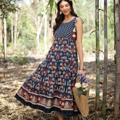 Stylum Women's Blue Ethnic Printed Cotton Tiered Dress (DRSBLUETAMPER)