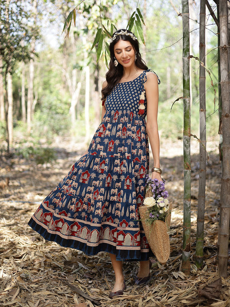 Stylum Women's Blue Ethnic Printed Cotton Tiered Dress (DRSBLUETAMPER)