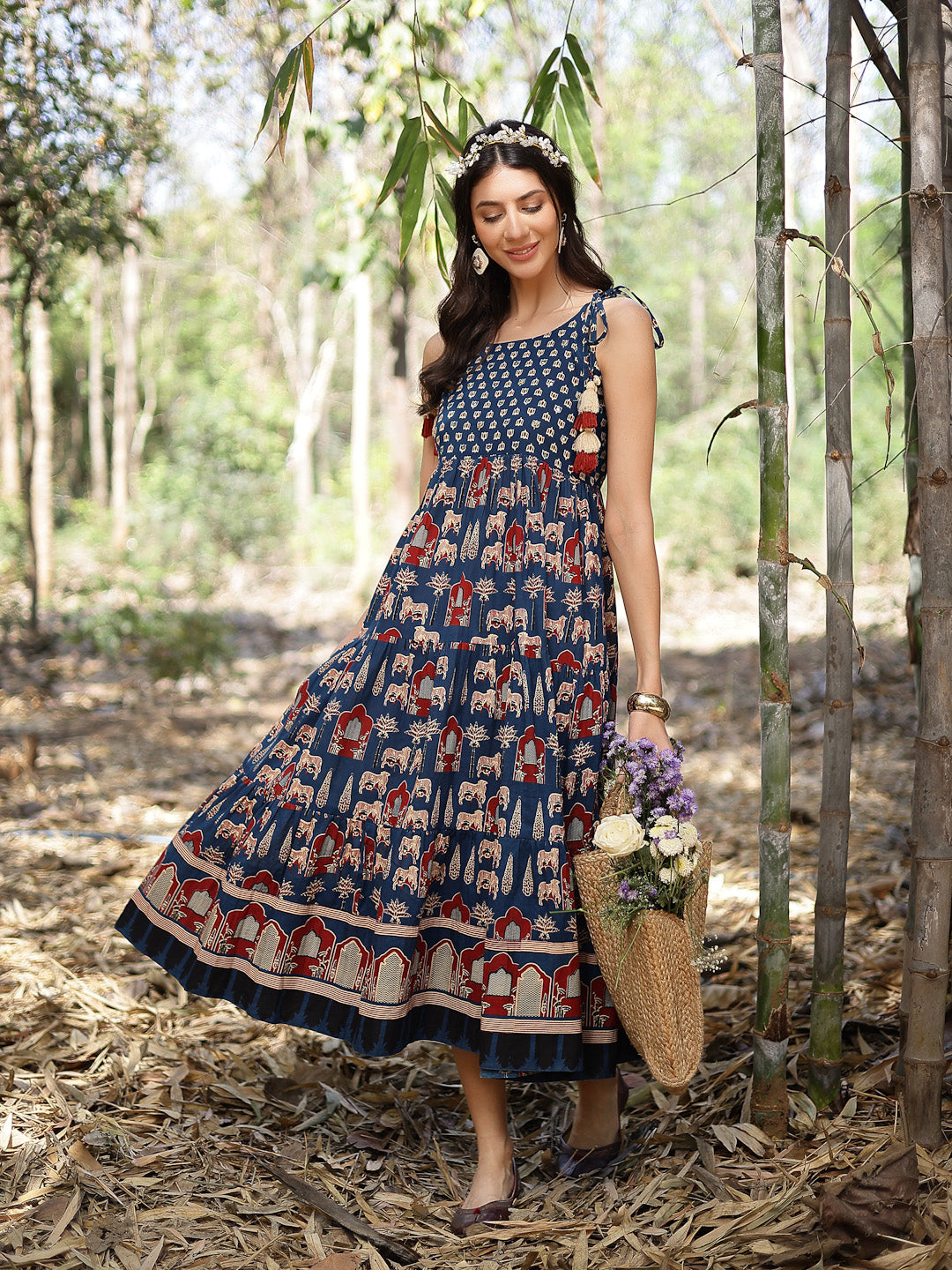 Stylum Women's Blue Ethnic Printed Cotton Tiered Dress (DRSBLUETAMPER)