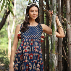 Stylum Women's Blue Ethnic Printed Cotton Tiered Dress (DRSBLUETAMPER)