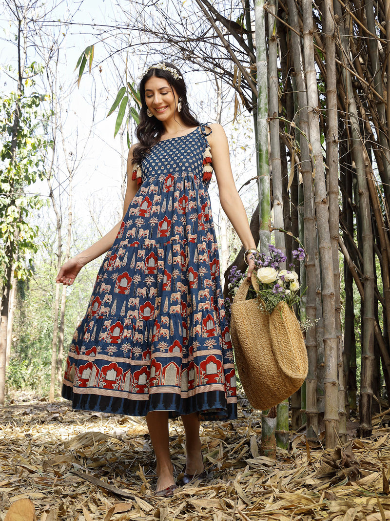 Stylum Women's Blue Ethnic Printed Cotton Tiered Dress (DRSBLUETAMPER)
