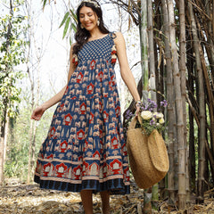 Stylum Women's Blue Ethnic Printed Cotton Tiered Dress (DRSBLUETAMPER)