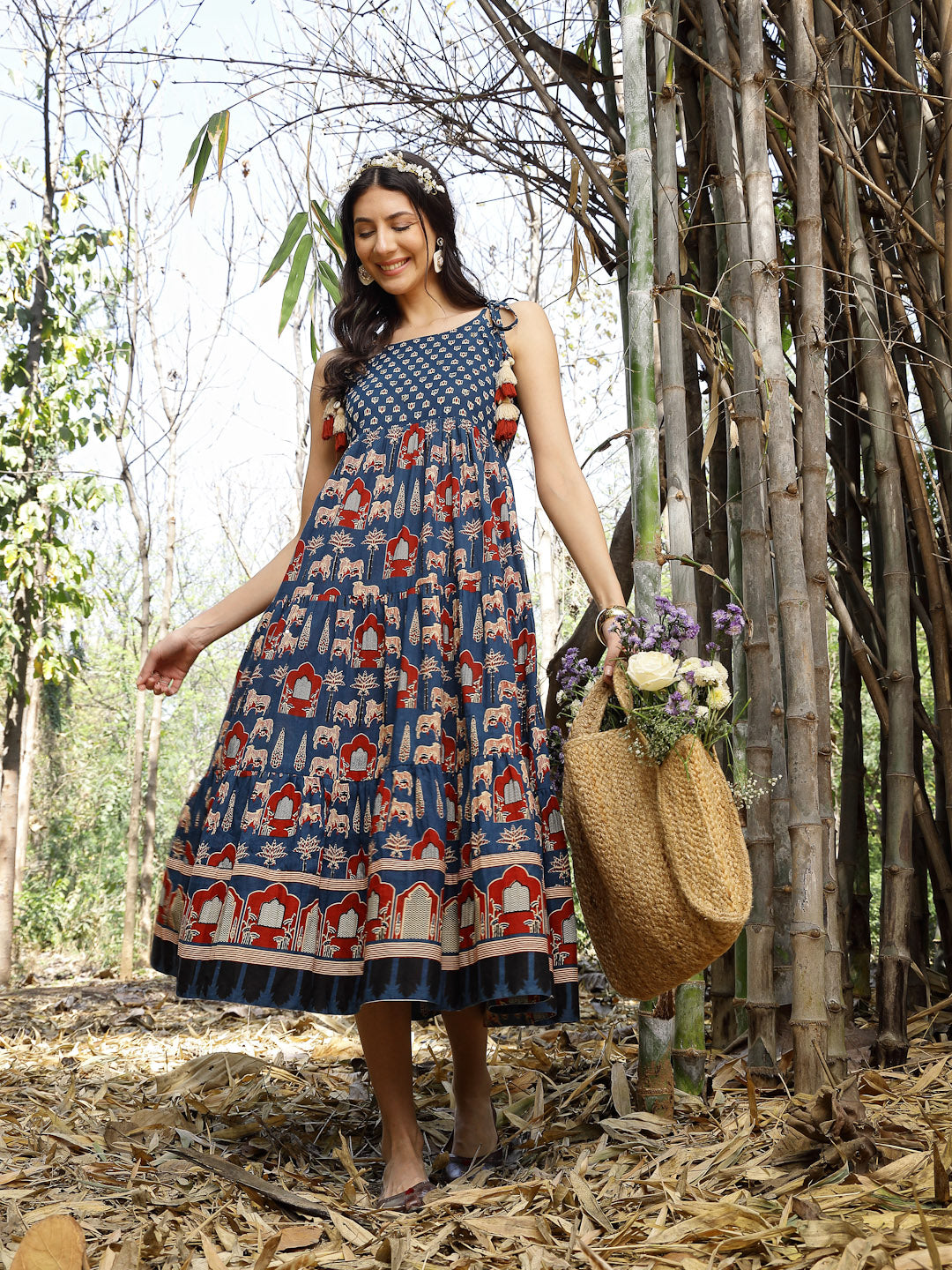 Stylum Women's Blue Ethnic Printed Cotton Tiered Dress (DRSBLUETAMPER)