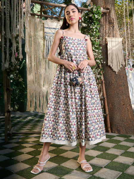 Stylum Women's Brown Printed Cotton Pleated Dress (DRSBROWNBAKSA)