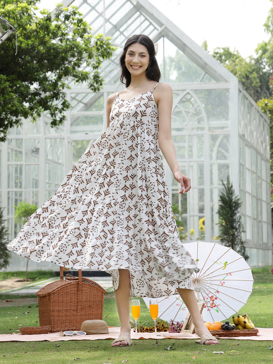 Stylum Women's Brown Printed Cotton Flared Dress (DRSBROWNEMYLO)