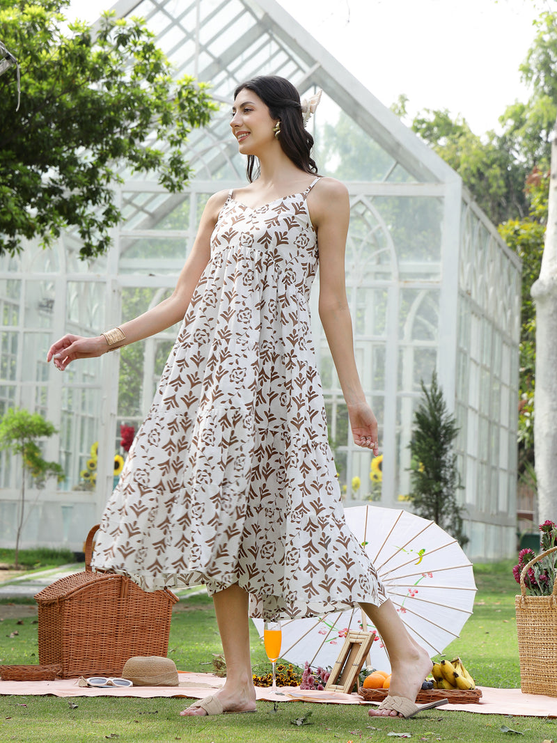 Stylum Women's Brown Printed Cotton Flared Dress (DRSBROWNEMYLO)