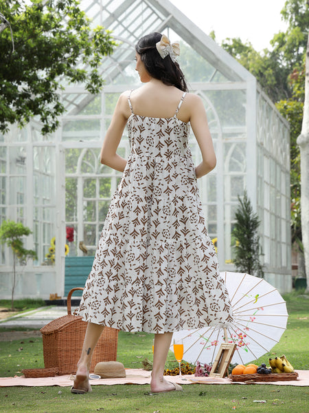 Stylum Women's Brown Printed Cotton Flared Dress (DRSBROWNEMYLO)